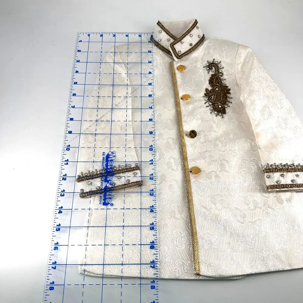 Boys White Sherwani Jacket Beaded Embroidery Gold Buttons 14